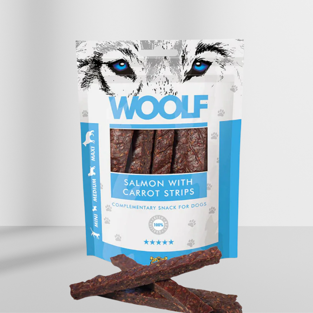 Woolf Laks Med Gulerod Strips 100g