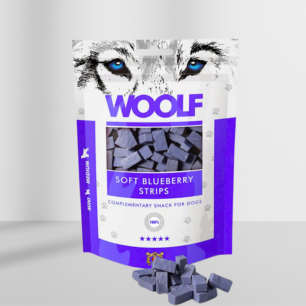 Woolf Soft Blåbær Strips 100g